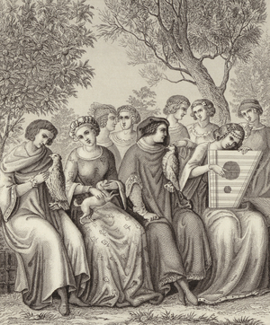 Socialising and entertainment, 1340. Illustration for Bilder-Atlas (engraving)