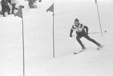 Slalom competition at the Alpine World Ski Championships in Val Gardena, 1970 (b/w photo)