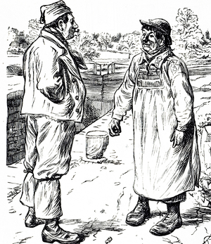 Engraving depicting two Dutch peasants in conversation next to a canal, 19th century