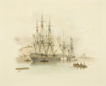 Berth between the two mud docks in The Grove, showing one of Daniel's West Indiamen 'Steadfast' (Stedfast), 1826 (pencil & watercolour on paper)