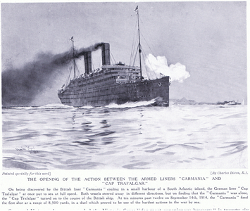 The opening action between the armed liners Carmania and Cap Trafalgar, South Atlantic, September 1915 (litho)
