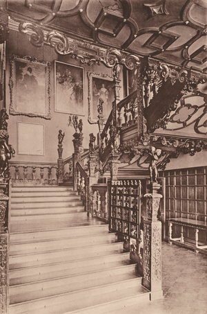 Main staircase at Hatfield House (b/w photo)