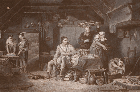 Alfred in the Neatherd's Cottage, engraved by A.H. Payne (colour litho)