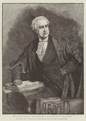 The Parnell Inquiry Commission, Sir Charles Russell opening the Case for the Defendants (engraving)