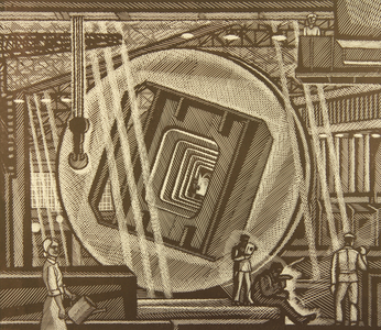 The Welding Workshop at the Cement Plant. Mounting the Revolving Oven, 1978 (linocut)