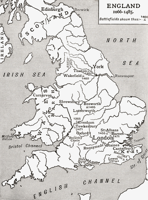 A map of England 1066 - 1485, battlefields marked with crossed swords.  From A First Book of British History published 1925.