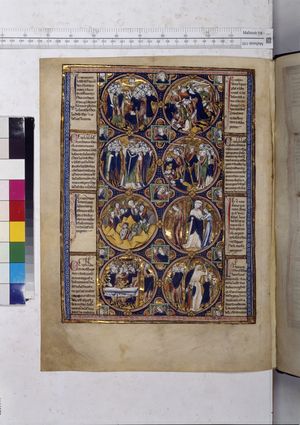 Full page: eight medallions enclosing miniatures and accompanied by text, c.1225-1250 (tempera painting)