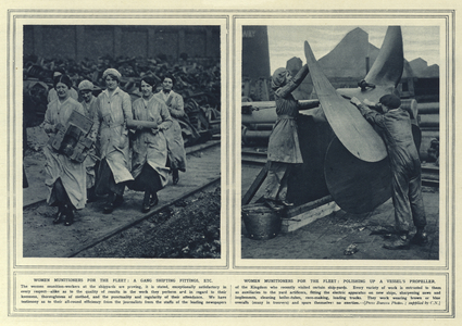 Women munitioners for the fleet, a gang shifting fittings, etc; Women munitioners for the fleet, polishing up a vessel's propeller (b/w photo)