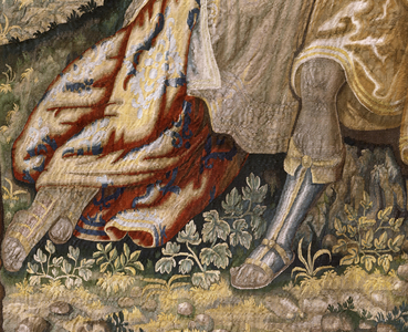 Flemish tapestry. Series Gallantry (Galante). Couple with musician (Pareja con músico). Manufacture Brussels, early 17th century. Fabric Silk and wool, 5/6 warps per cm. Size 348 x 263 cm. Location Church of San Millán de la Cogolla, Oncala (Soria).; Origin A donation by Bishop Juan Francisco Ximénez del Río, ca 1800.