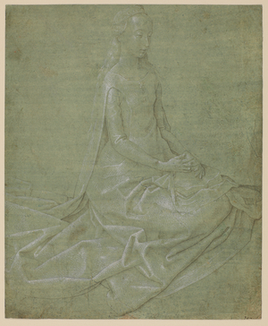 Seated female saint, c.1475-85 (pen, point of the brush & grey ink, heightened with white bodycolour over preliminary black-chalk underdrawing, on green prepared laid paper)