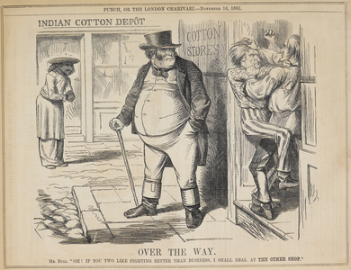 'Over the way'. In the doorway of the American Cotton Stores, Presidents Lincoln and Davis are fighting and block the doorway to potential customers, including John Bull, representing Britain. Across the street, an East Indian merchant waits for the Englishman to trade instead at his well-stocked Indian Cotton Depot.