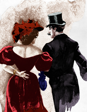 Illustration by Ferdinand Bac for a 1899 edition of novel "Bel-Ami" (1885) by Guy de Maupassant, engraving colorized document