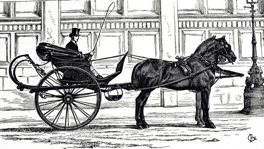 An engraving depicting a curricle, a light, open, two-wheeled carriage pulled by two horses side by side, 19th century