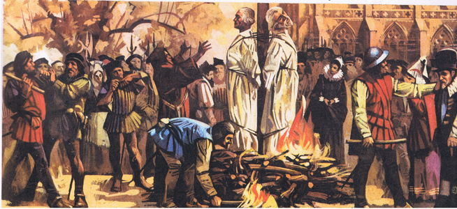 Latimer and Ridley burnt at the stake, from Knowledge Magazine, 1963 (colour litho)