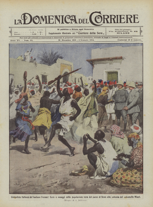 Italian conquest of the distant Fezzan, parties and tributes to the black population of the country of Brak  (colour litho)