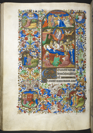 Add Ms 18850 f.89v, Hours of the Virgin at Compline, Death of the Virgin, from Book of Hours (The Bedford Hours) c.1410-30 (ink, colour & gold on vellum)