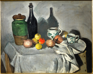Still-life: Pots, bottle, cup, and fruit (oil on canvas)