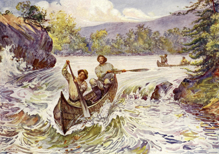 Canadians shooting rapids in canoes (colour litho)