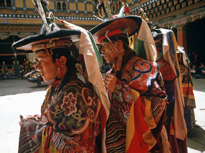 Black Hat dancers at the Paro Tshechu, mask dance festival, in the Paro Dzong, Bhutan (photo)
