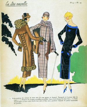 Two designs for coats and one design for a day dress, Les Idées Nouvelles, 1927 (pochoir print on tissue paper)