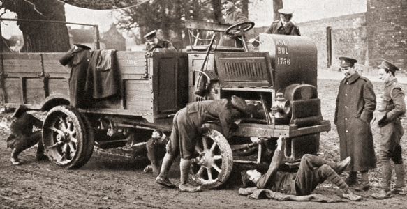 A transport wagon of the A.S.C., it was not styled Royal until after the war, requires expert attention during WWI, from The Pageant of the Century, pub.1934