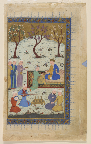 A prince enthroned surrounded by attendants, 1425-30 (opaque watercolor, ink and gold on paper)