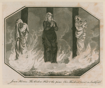 Joan Horns, The Widow Hut and the pious Elizabeth Thackvel burnt in Smithfield (engraving)