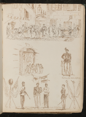 A town scene with soldiers drinking, study of a market stall, study of a Piedmontese national guard, study of four soldiers and crossed flags (pen and ink)