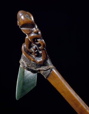 Toki poutangata, ceremonial adze, 1500-1800 (wood, flax & greenstone)