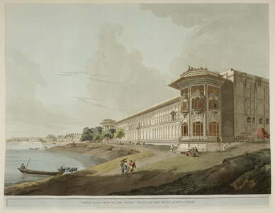 Antiquities of India. Historic buildings on the river bank in a city in Hindustan. Jugasree.