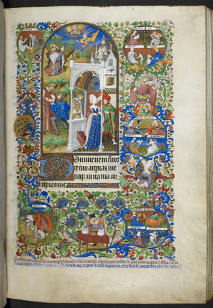 Add Ms 18850 f.96r, Penitential Psalms, David and Bathsheba, from Book of Hours (The Bedford Hours) c.1410-30 (ink, colour & gold on vellum)