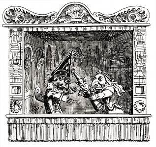 Punch and Judy.  After the illustration by George Cruikshank.  From Punch and Judy, published 1828.