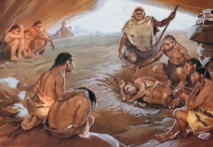 A Neanderthal burial, about fifty thousand years ago (colour litho)