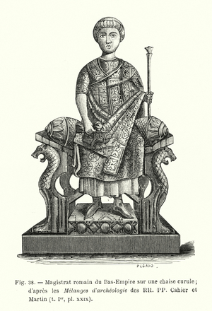 Magistrat romain du Bas-Empire sur une chaise curule; d'apres les Melanges d'archeologie des RR PP Cahier et Martin (engraving)