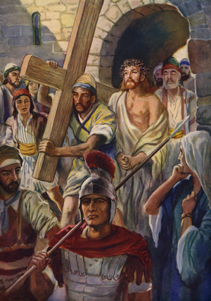 Simon of Cyrene helps Jesus to carry the cross