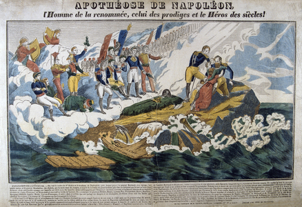 Allegorical print of the apotheosis of Napoleon I (1769-1821). Hand-coloured woodcut.