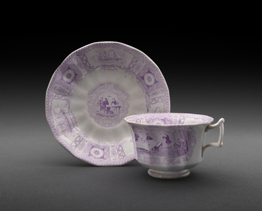 Teacup and saucer, c.1841-42 (lead-glazed earthenware with transfer print)