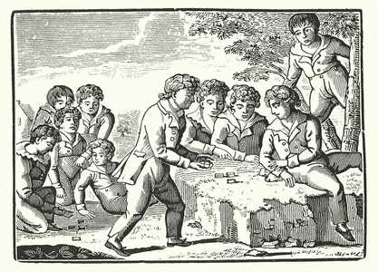 Boys playing a game of draughts (engraving)