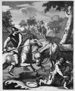 Don Luixote seizes the Baibeis Bason for Mambrinos Helmet (engraving)