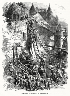 Joan of Arc at the Assault of the Tournelles, Illustration from John Cassell's Illustrated History of England, Vol. I from the earliest period to the reign of Edward the Fourth, Cassell, Petter and Galpin, 1857 (litho)