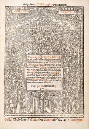 Title-page showing the Parliament of Toulouse, 1515 (red and black inks within a woodcut)