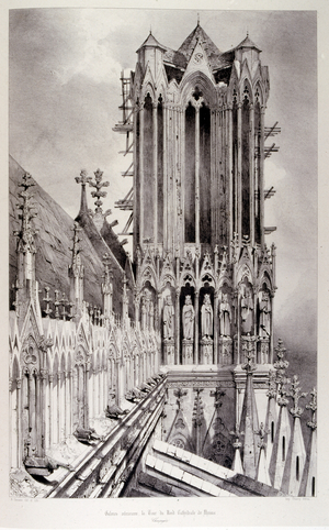 Drawing of the Cathedral of Notre Dame de Rheims, France 1857. Illustrated in 'Voyages pittoresques et romantiques' (Picturesque and romantic journeys in ancient France), by Isidore Taylor, (baron Taylor) 1857.