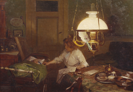 Interior with mother and child (oil on canvas) 