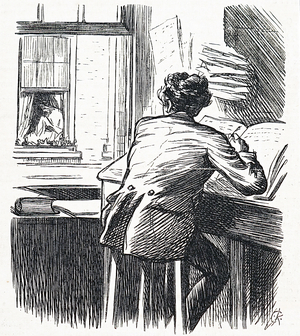 Clerk, Bookkeeper or accountant struggling to concentrate as he notices a woman in a window opposite him, 1868