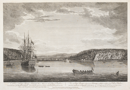 A large sailing ship on the St Lawrence River; men in rowing boats nearby; a tree-lined shore in the middle ground; buildings of Cap-Rouge in the distance