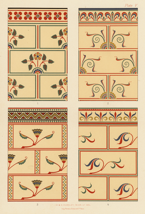 Elaborate patterns for the lower portions of walls, executed in rich colours on light grounds (colour litho)