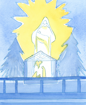 Our Blessed Lady stood in the Lady Chapel, in glory, showing how she shares our joy on the feast of the Birth of her son, Our Lord, 2003 (w/c on paper)