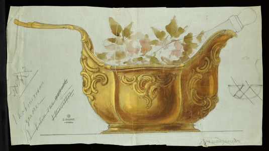 Large metal kovsh in the Louis XV style, House of Carl Faberge (pencil & w/c on paper)