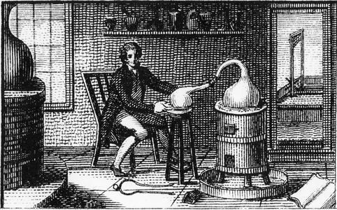 Antoine Laurent Lavoisier in his laboratory, 1814 (engraving)