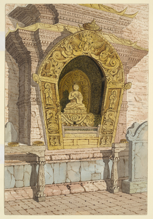 'Shrine of the 1st Celestial Buddha. Vairochana on the East side of the base of the Temple of Adi Buddha, Sambhunath. April 1854', with notes.